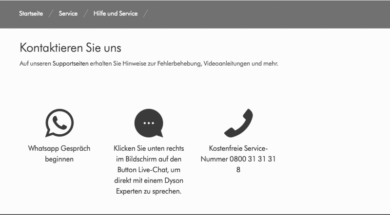 Unterschiedliche Kontaktmöglichkeiten zum Kundenservice auf der Dyson Website